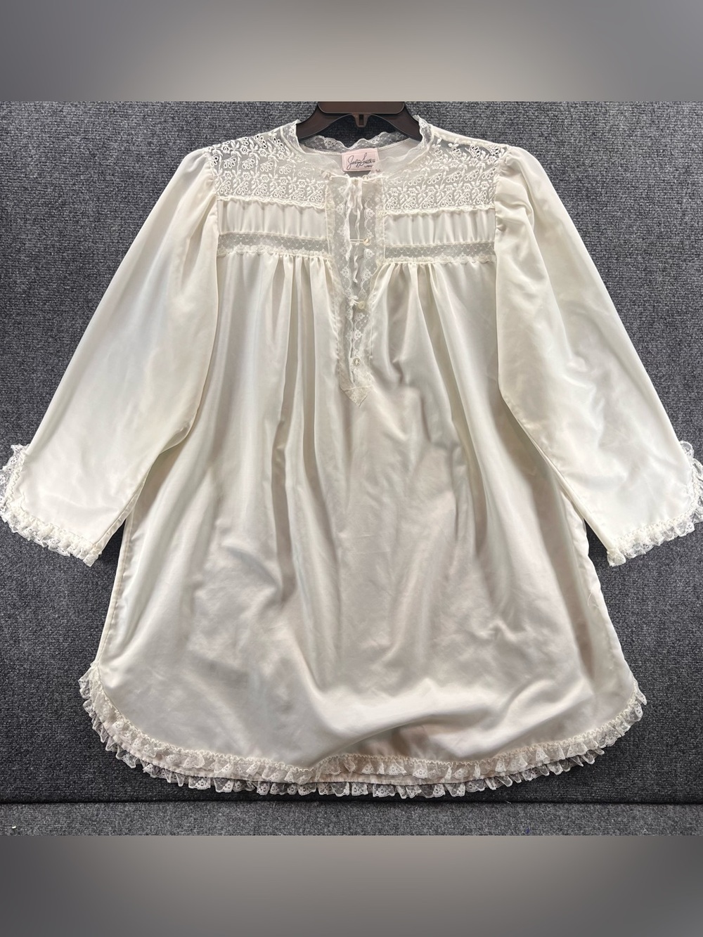 Vtg Jaclyn Smith Short Nightgown Large White 3/4 Sleeve Prairie Cottagecore Lace